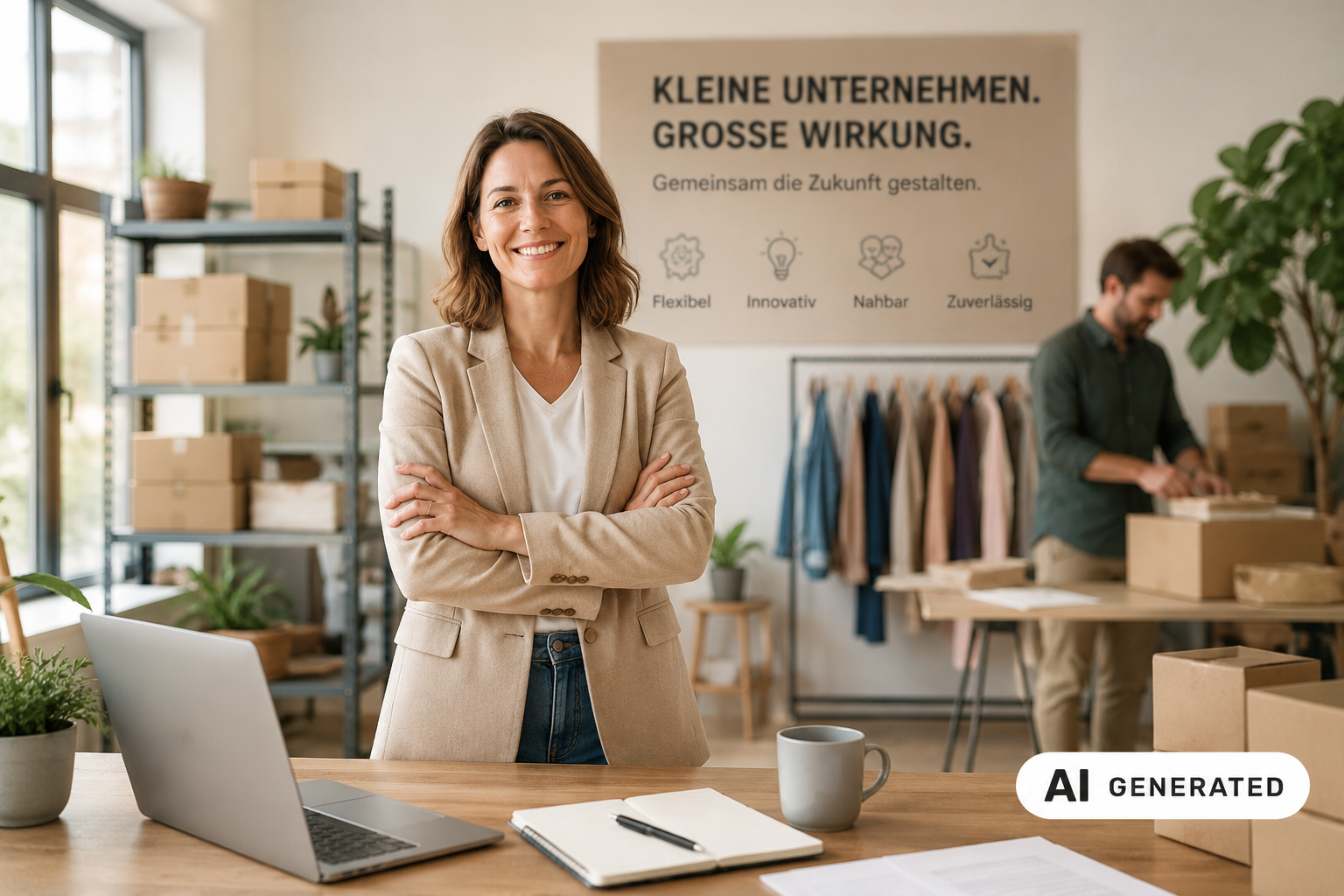 Generisches Bild einer Frau in einem Unternehmen mit KI Kennzeichnung