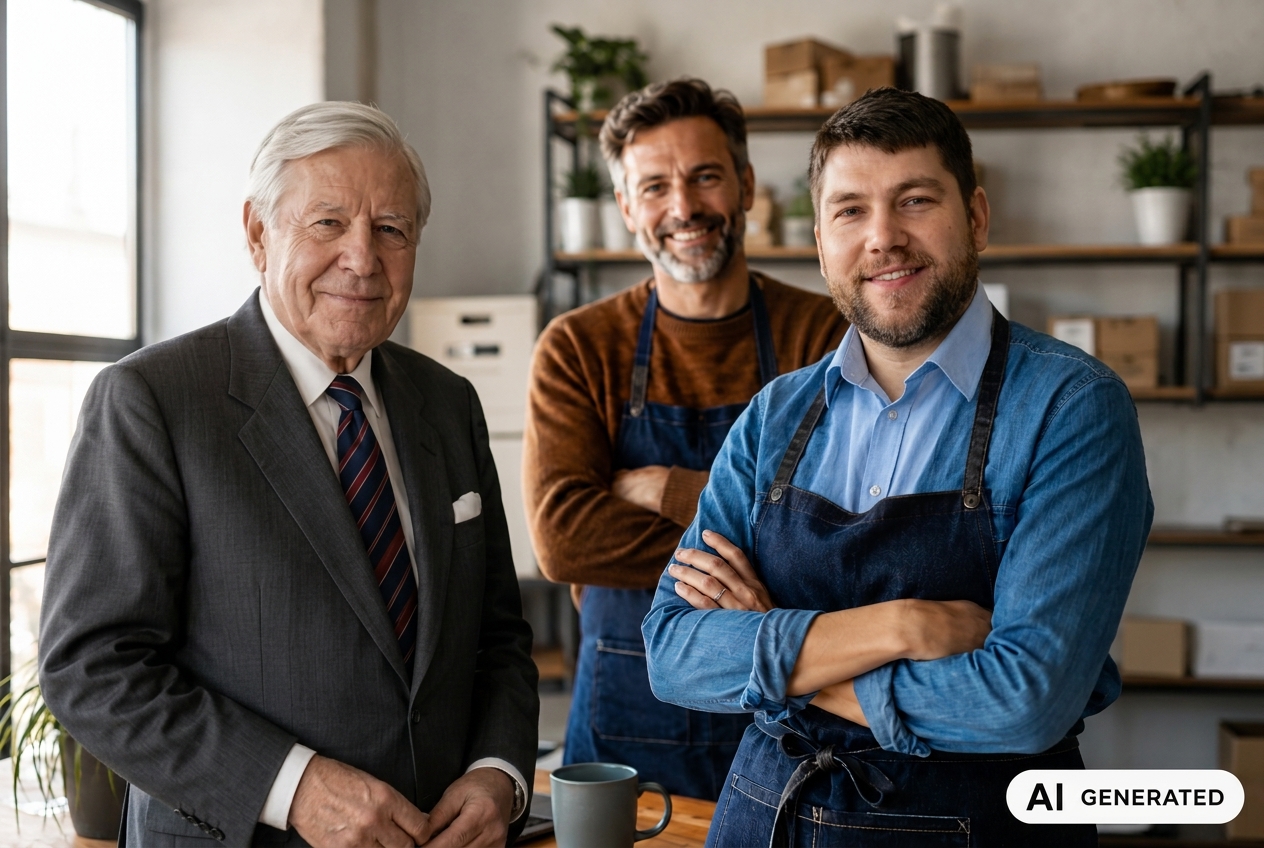 1 fiktive Personen und 2 echte mit Helmut Schmidt  und einem Mitarbeiter des Mittelstand Digital Zentrums Hamburg mit verschränkten Armen im Unternehmenskontext; Label: AI generated