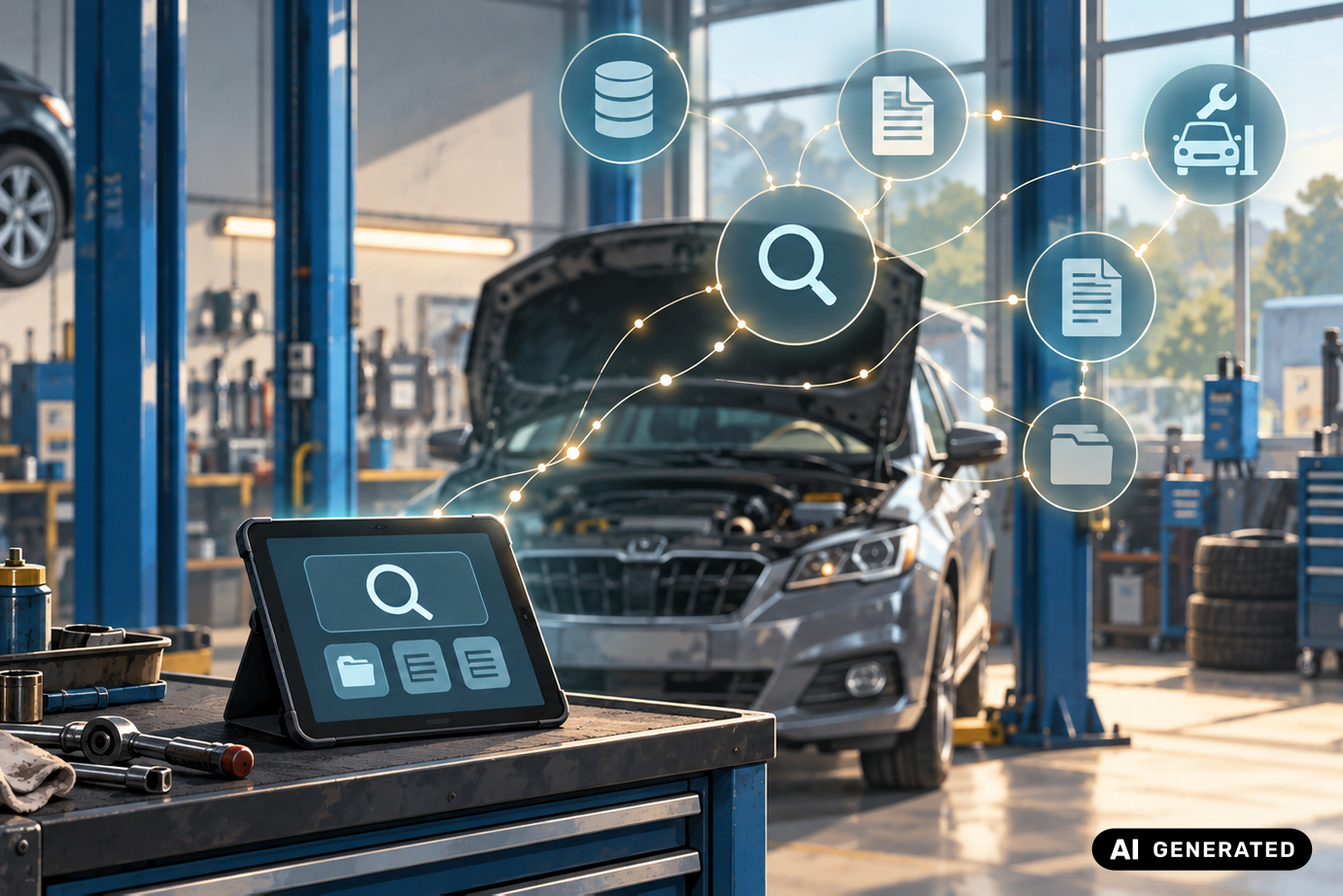 Auto in Werkstatt mit Tablett als Chat-Interface davor und daraus herausschwebendes Wissen über Waren in Form von Icons, Bild: KI-generiert
